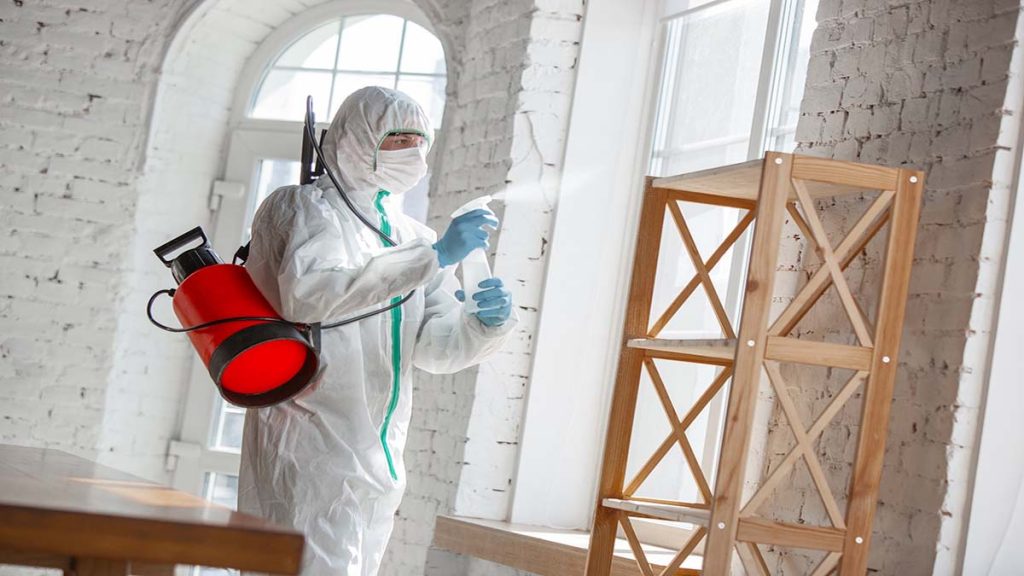 coronavirus pandemic. a disinfector in a protective suit and mask sprays disinfectants in the room.