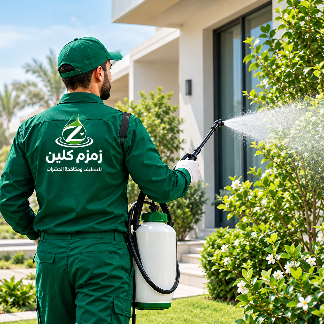 عامل مكافحة حشرات يرش حديقة منزل حديث